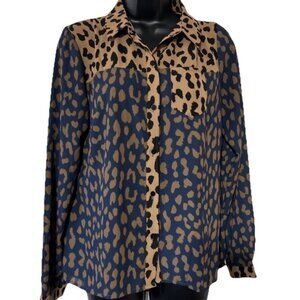 Venus Animal Print Leopard Blouse Blue Brown Black Button Up Wrinkle Resistant 8